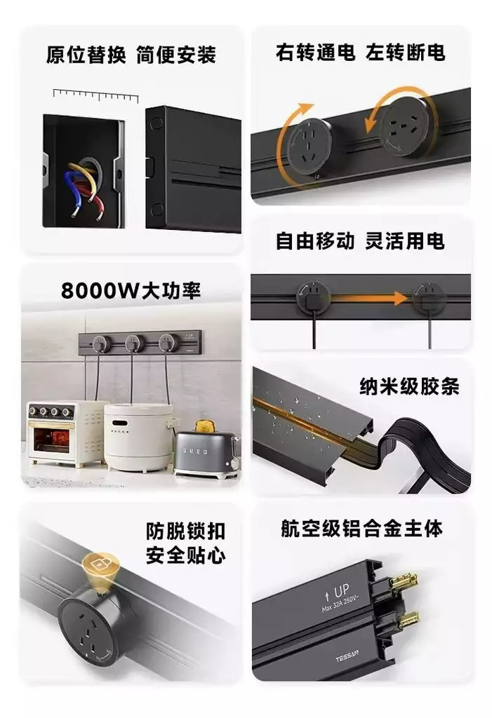 Ổ điện ray gắn tường 8000W hãng TESSA , dài 60cm, với 3 ổ cắm di chuyển được