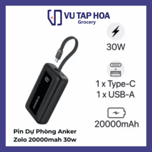 Pin Dự Phòng Anker Zolo 20000mah 30w 1A 1C Tích Hợp Cáp C, L A1689