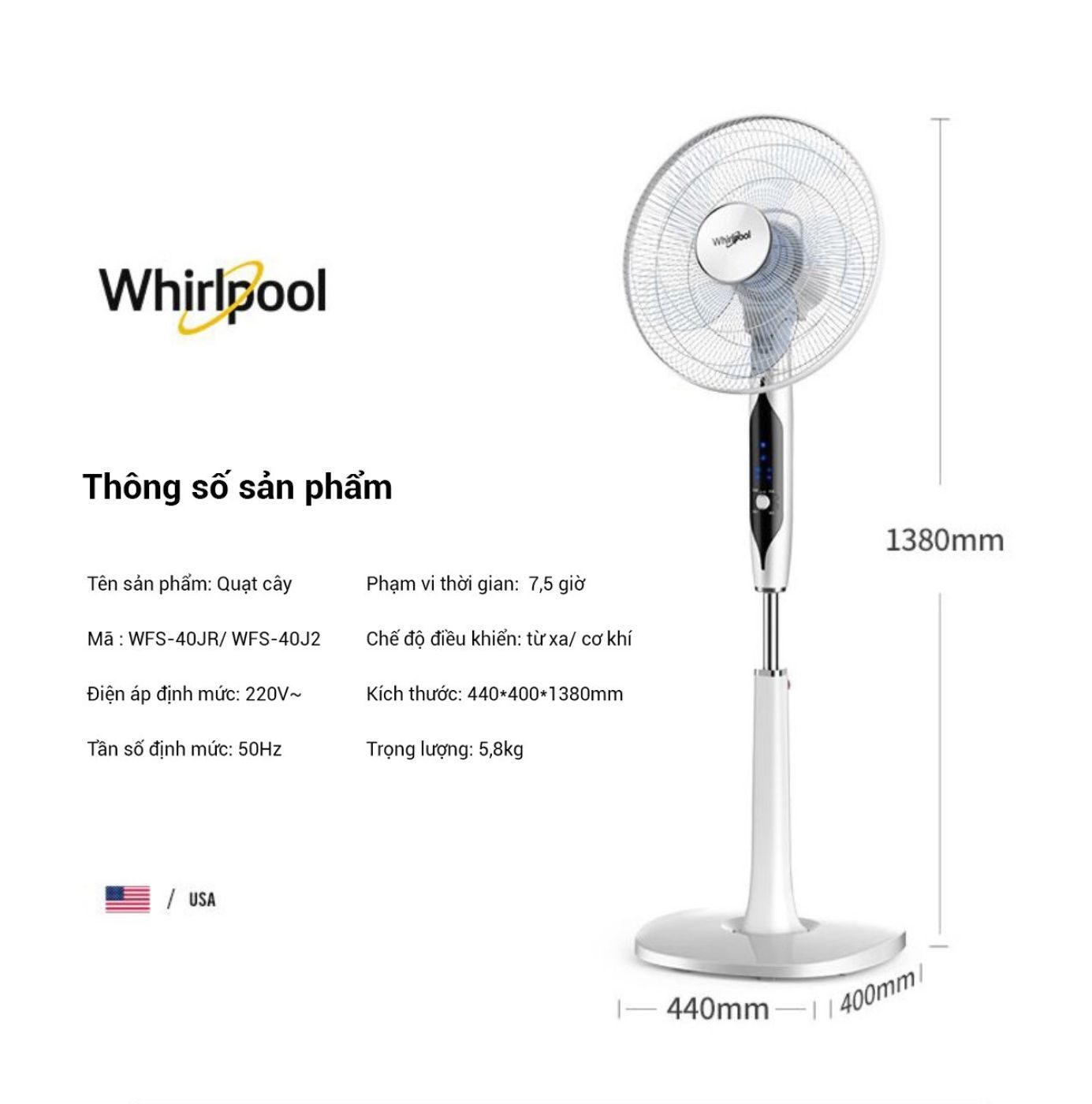 Quạt cây hãng Whirlpool WFS-40JR, siêu mạnh, có điều khiển, không chổi than (Mỹ)