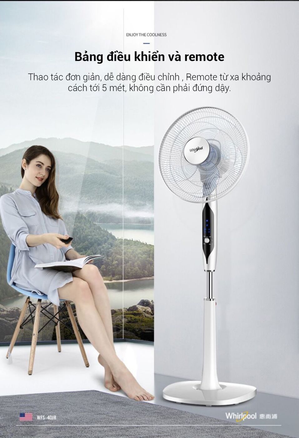 Quạt cây hãng Whirlpool WFS-40JR, siêu mạnh, có điều khiển, không chổi than (Mỹ)