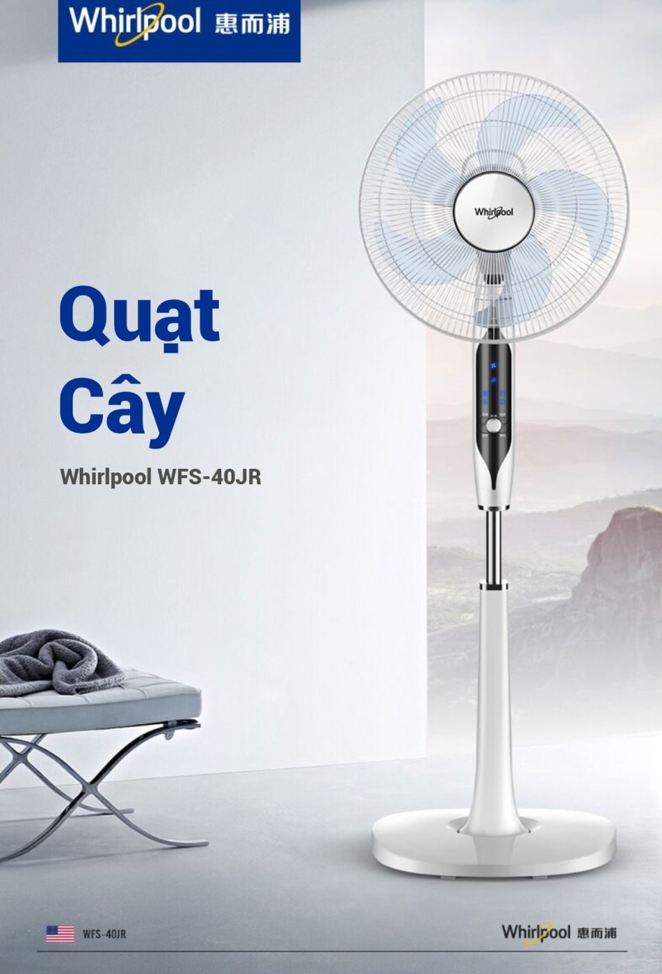 Quạt cây hãng Whirlpool WFS-40JR, siêu mạnh, có điều khiển, không chổi than (Mỹ)