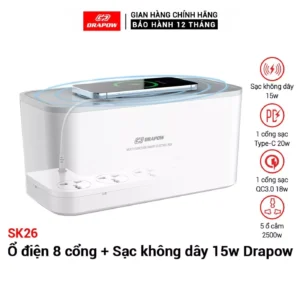 Hộp ổ điện thông minh Drapow SK26, 5 ổ cắm 220v, cổng sạc C 20W, sạc không dây 15w