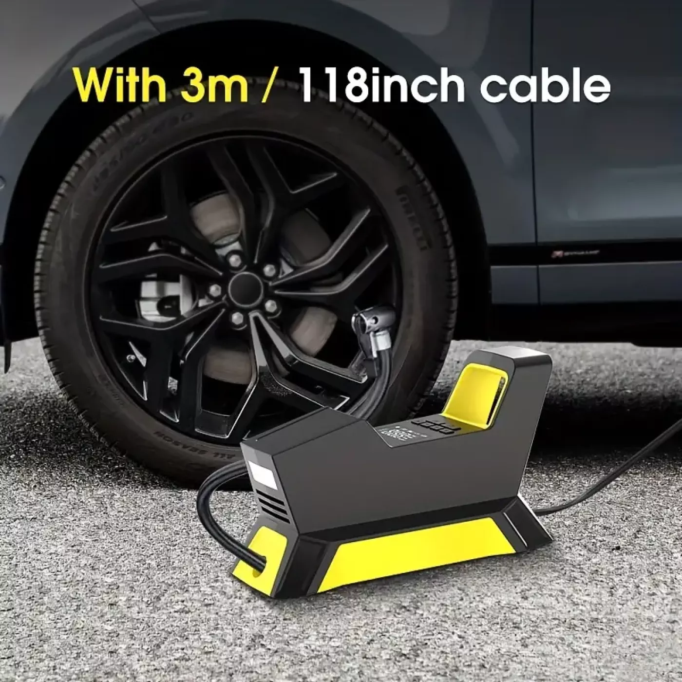 Máy Bơm Lốp Xe Hơi Hãng Carsun 150PSI, bơm điện oto 100W, có đèn pin