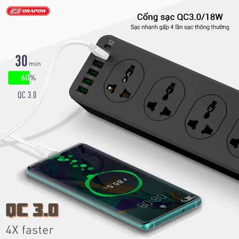 Ổ Cắm Điện Đa Năng Drapow SK28 10 ổ cắm điện 220v + 5 cổng usb A + 1 cổng Type C sạc nhanh PD