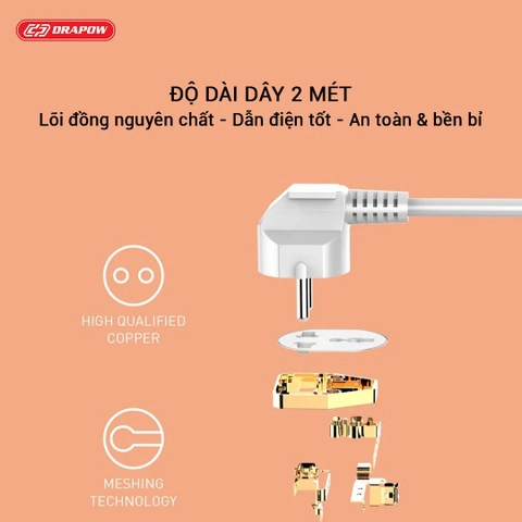 Ổ Cắm Điện Đa Năng Drapow SK28 10 ổ cắm điện 220v + 5 cổng usb A + 1 cổng Type C sạc nhanh PD