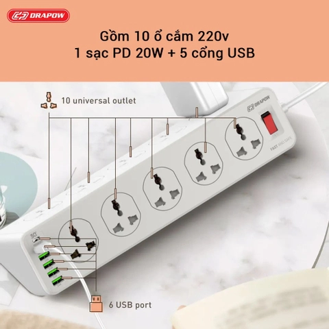Ổ Cắm Điện Đa Năng Drapow SK28 10 ổ cắm điện 220v + 5 cổng usb A + 1 cổng Type C sạc nhanh PD