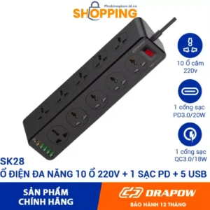 Ổ Cắm Điện Đa Năng Drapow SK28 10 ổ cắm điện 220v + 5 cổng usb A + 1 cổng Type C sạc nhanh PD